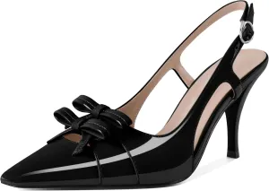 Slingback Heels Women Stilettos High Heel with Bow Square Toe Heels 3.5" Comfort Dress Pumps Shoes