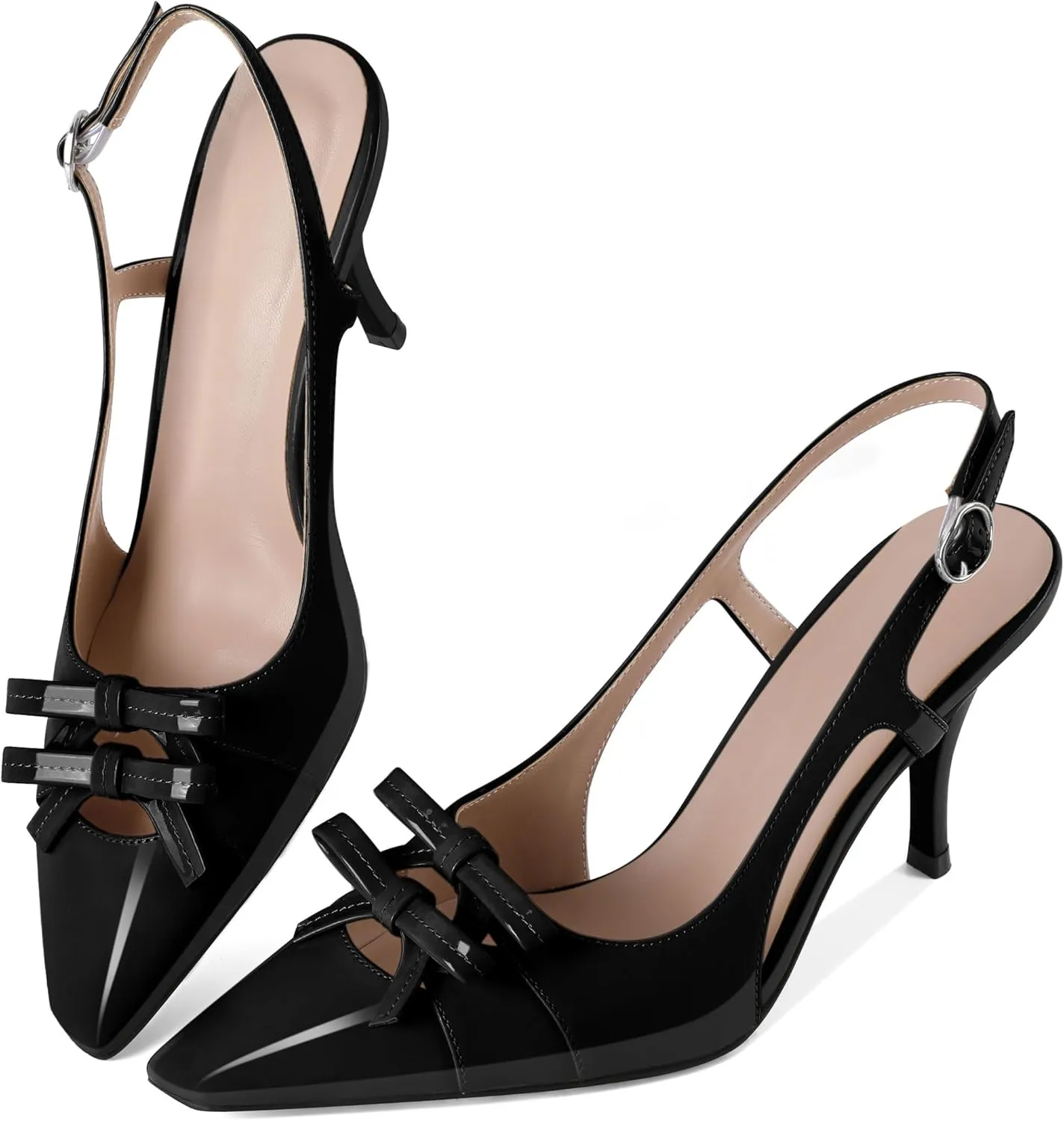 Slingback Heels Women Stilettos High Heel with Bow Square Toe Heels 3.5" Comfort Dress Pumps Shoes