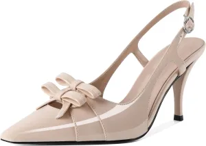 Slingback Heels Women Stilettos High Heel with Bow Square Toe Heels 3.5" Comfort Dress Pumps Shoes