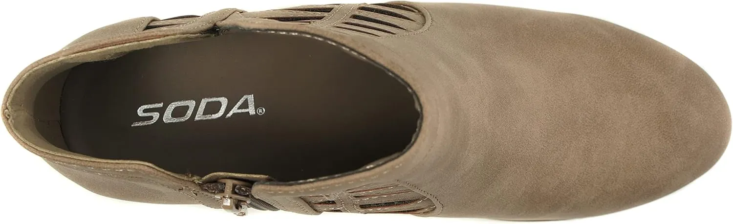 SODA Women's Round Toe Faux Suede Stacked Heel Western Ankle Bootie