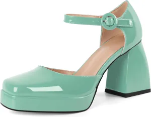 Soireelady Womens Chunky Platform Heels, Mary Jane Shoes Block Heel Pumps, High Heel Square Toe D'Orsay Heels Ankle Strap Dress Shoes 4 Inch