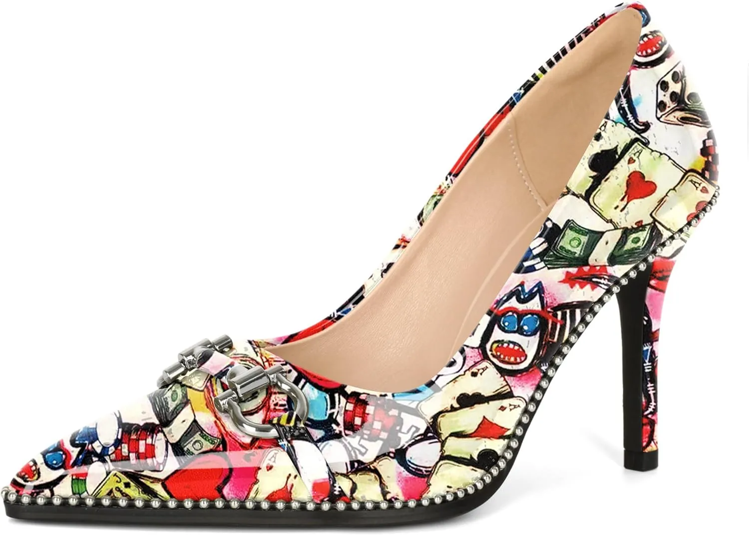 Soireelady Womens High Heel Beaded Pumps Closed Pointed Toe Stiletto Heels Buckle Bow Slip On Fashion Dress Shoes Patent 3.5 Inch