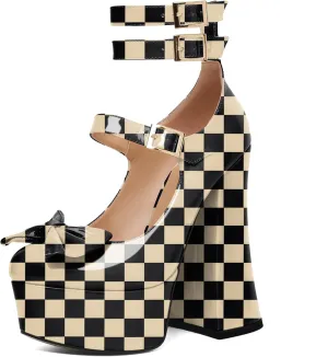 Soireelady Women's Platform Chunky Heels, Round Toe Mary Jane Pumps, Block High Heels with Ankle Strap, Dressy Shoes for Party, Wedding, Evening Sexy