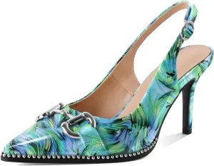 Soireelady Womens Slingback Heels Beaded Pumps High Heels Closed Pointed Toe Slip On Stilettos Pumps Dress Shoes Patent Leather 3.5 Inches