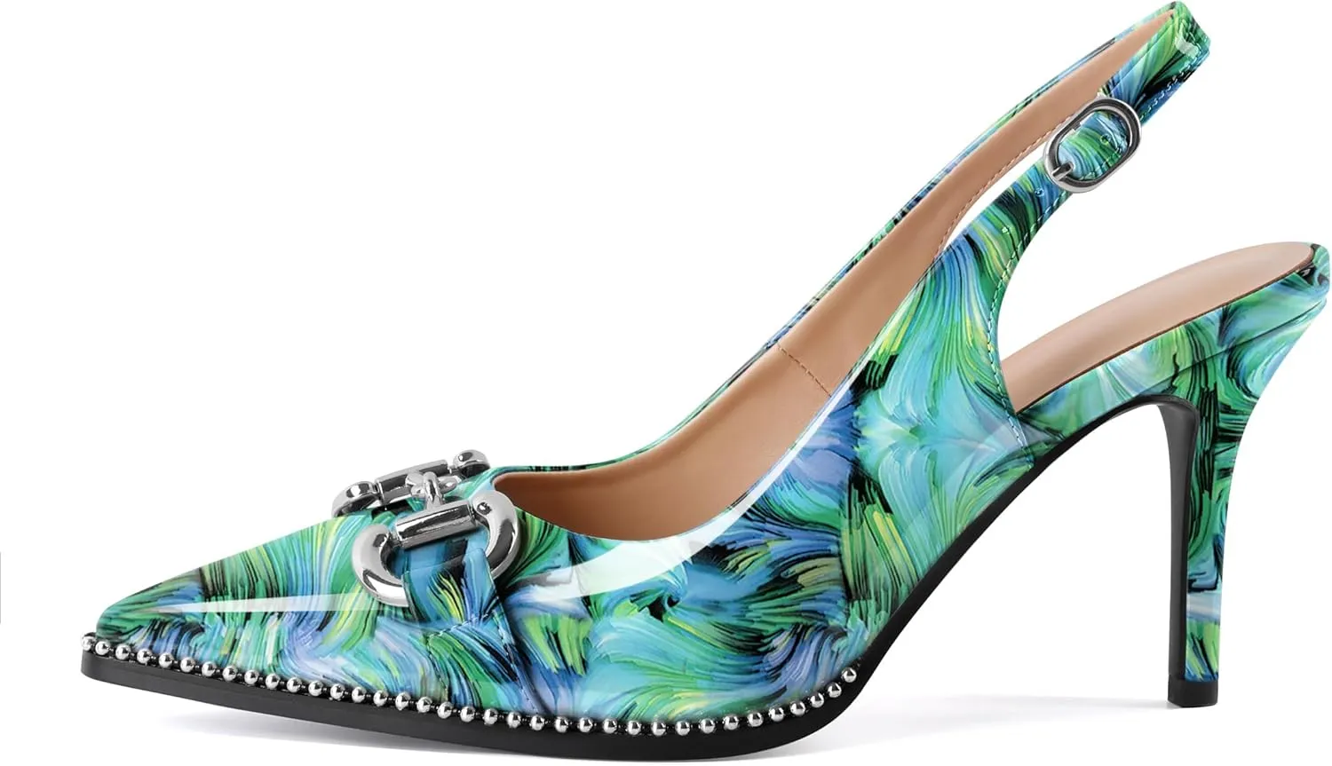 Soireelady Womens Slingback Heels Beaded Pumps High Heels Closed Pointed Toe Slip On Stilettos Pumps Dress Shoes Patent Leather 3.5 Inches