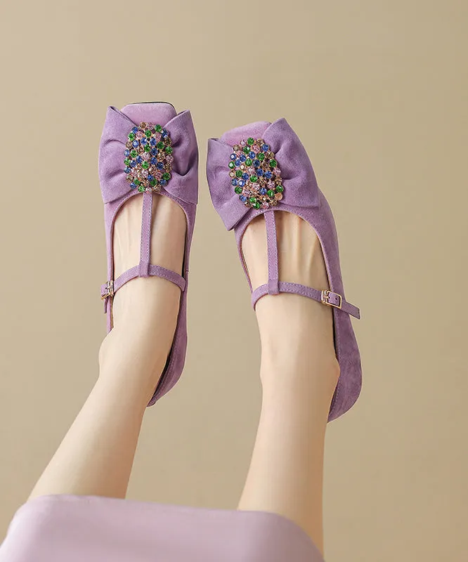 Splicing Suede Chunky Zircon High Buckle Black Bow Heels Strap