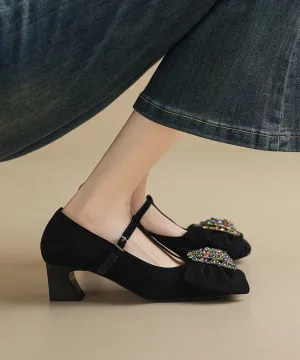 Splicing Suede Chunky Zircon High Buckle Black Bow Heels Strap