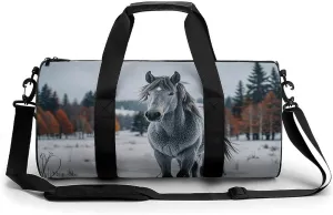 Sport Gym Duffle Travel Bag for Women Men Overnight Weekender Bag with Shoe Compartment,Wet Pocket Gray Horse in Winter Landscape Snowy Wilderness