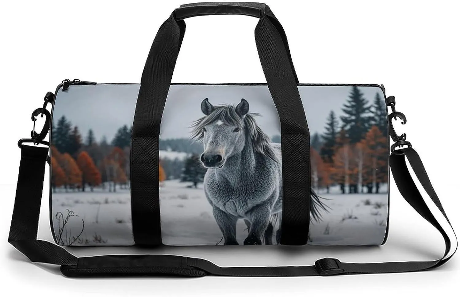 Sport Gym Duffle Travel Bag for Women Men Overnight Weekender Bag with Shoe Compartment,Wet Pocket Gray Horse in Winter Landscape Snowy Wilderness
