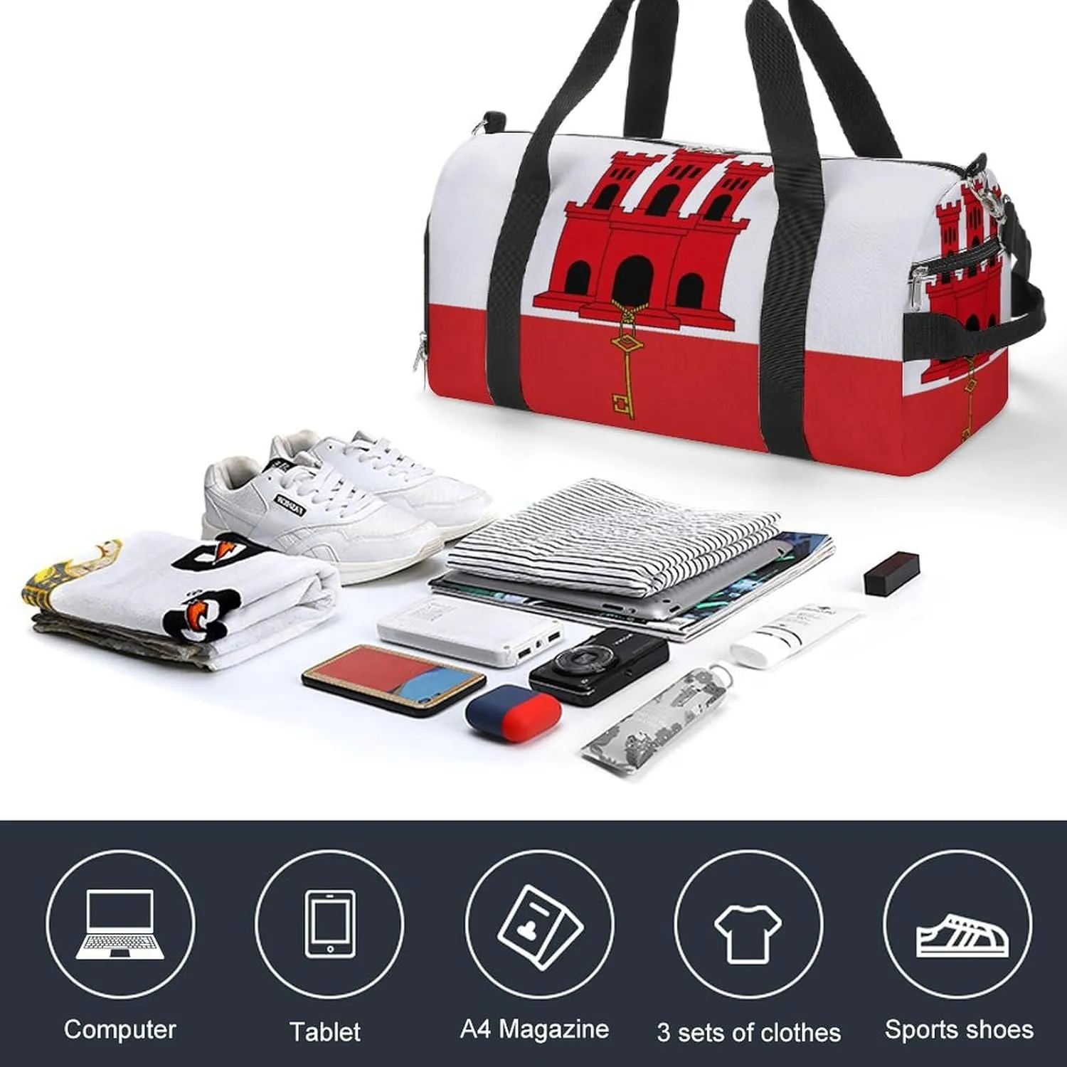Sports Duffel Bag with Gibraltar Flag for Men Women Shoe Compartment Weekender