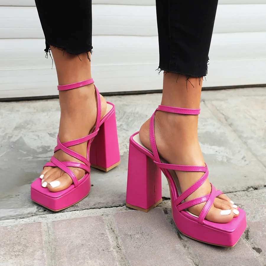 Square Toe 5'' Chunky Heel Ankle Strap Sandals with Platform