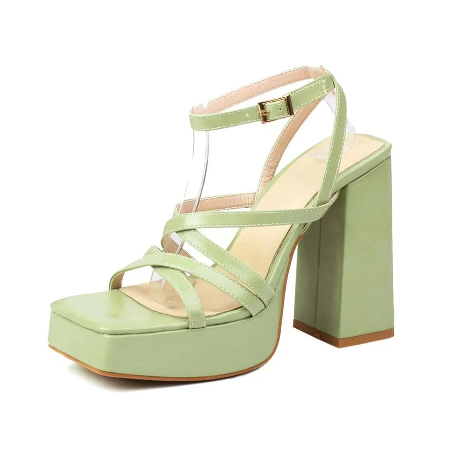 Square Toe 5'' Chunky Heel Ankle Strap Sandals with Platform