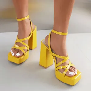 Square Toe 5'' Chunky Heel Ankle Strap Sandals with Platform