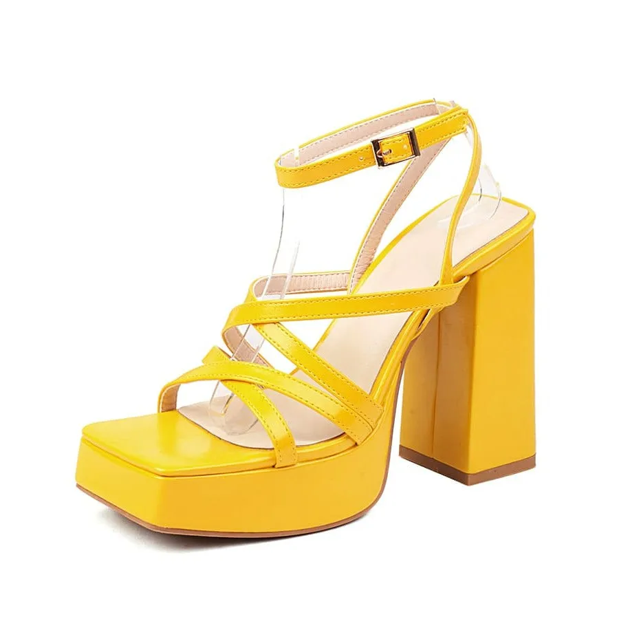 Square Toe 5'' Chunky Heel Ankle Strap Sandals with Platform