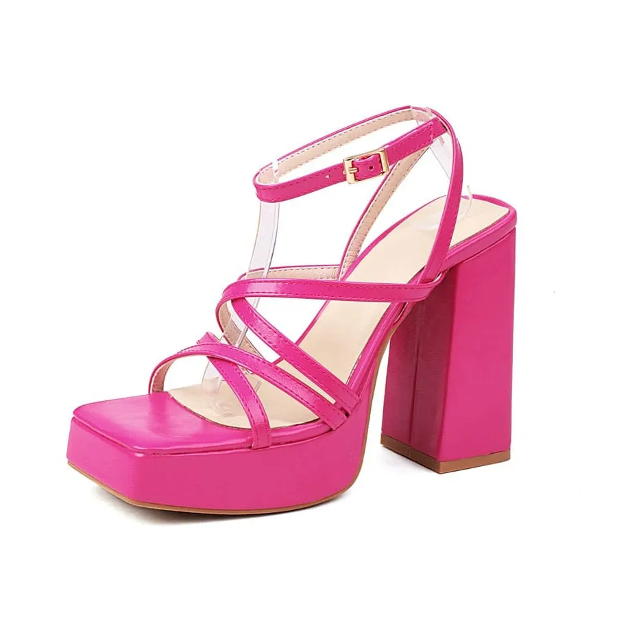 Square Toe 5'' Chunky Heel Ankle Strap Sandals with Platform