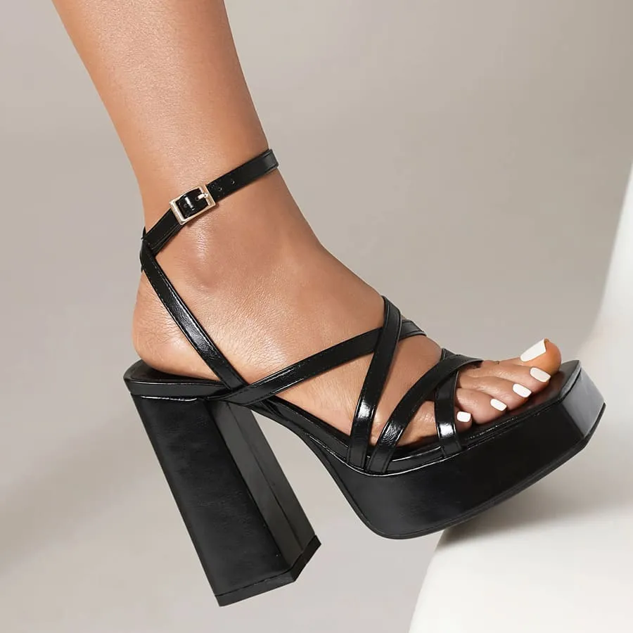 Square Toe 5'' Chunky Heel Ankle Strap Sandals with Platform