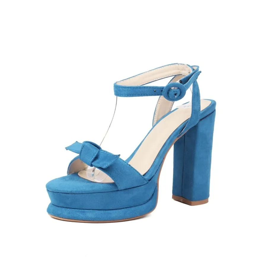 Suede Knot-Bow Rounded Toe 5'' Chunky Heel Ankle Strap Sandals