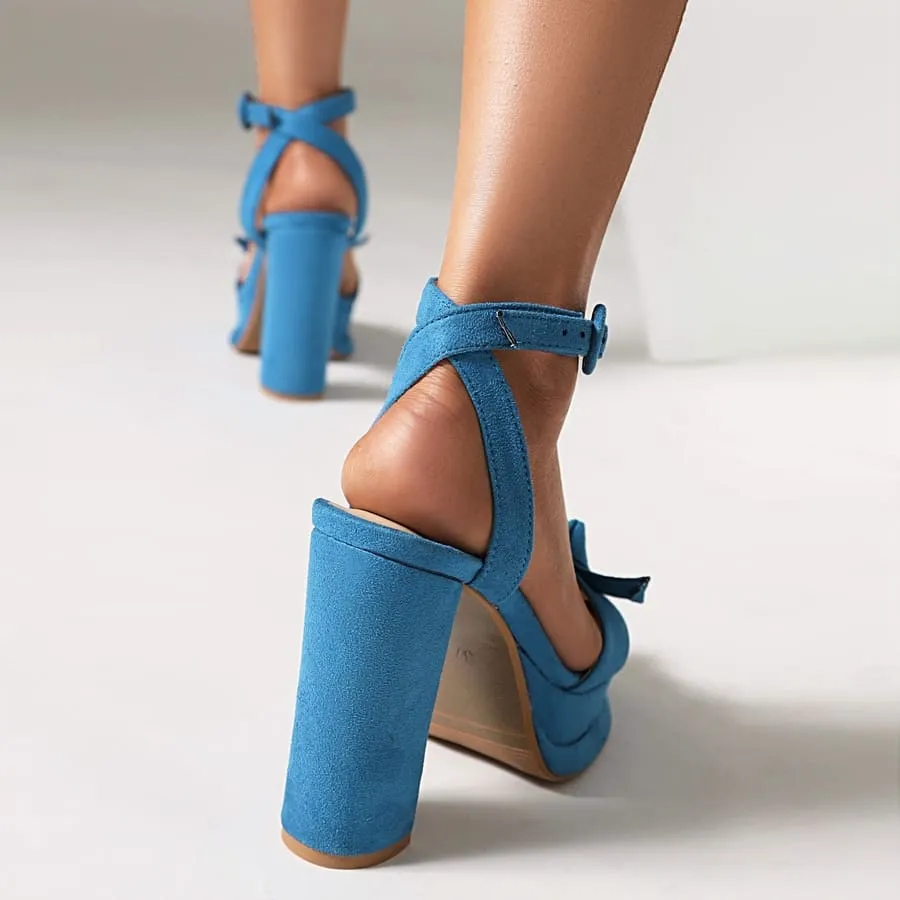 Suede Knot-Bow Rounded Toe 5'' Chunky Heel Ankle Strap Sandals