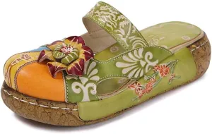 TangDao Women's Colorful Leather Slipper Vintage Fashion Floral Flower Sandals Boho Slippers Platform Flat Backless Sandals for Women