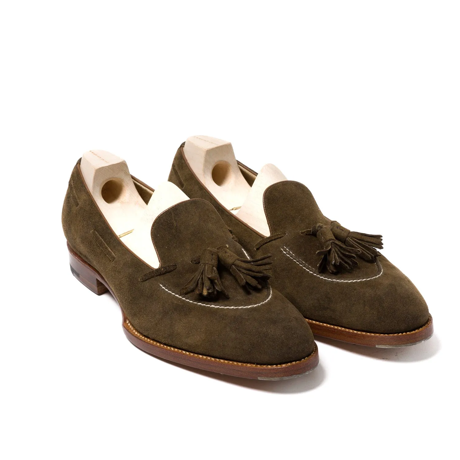 Tassel-Loafer "Short-Vamp" aus olivbraunem Hirschleder "Vintage Deer Suede" - reine Handarbeit