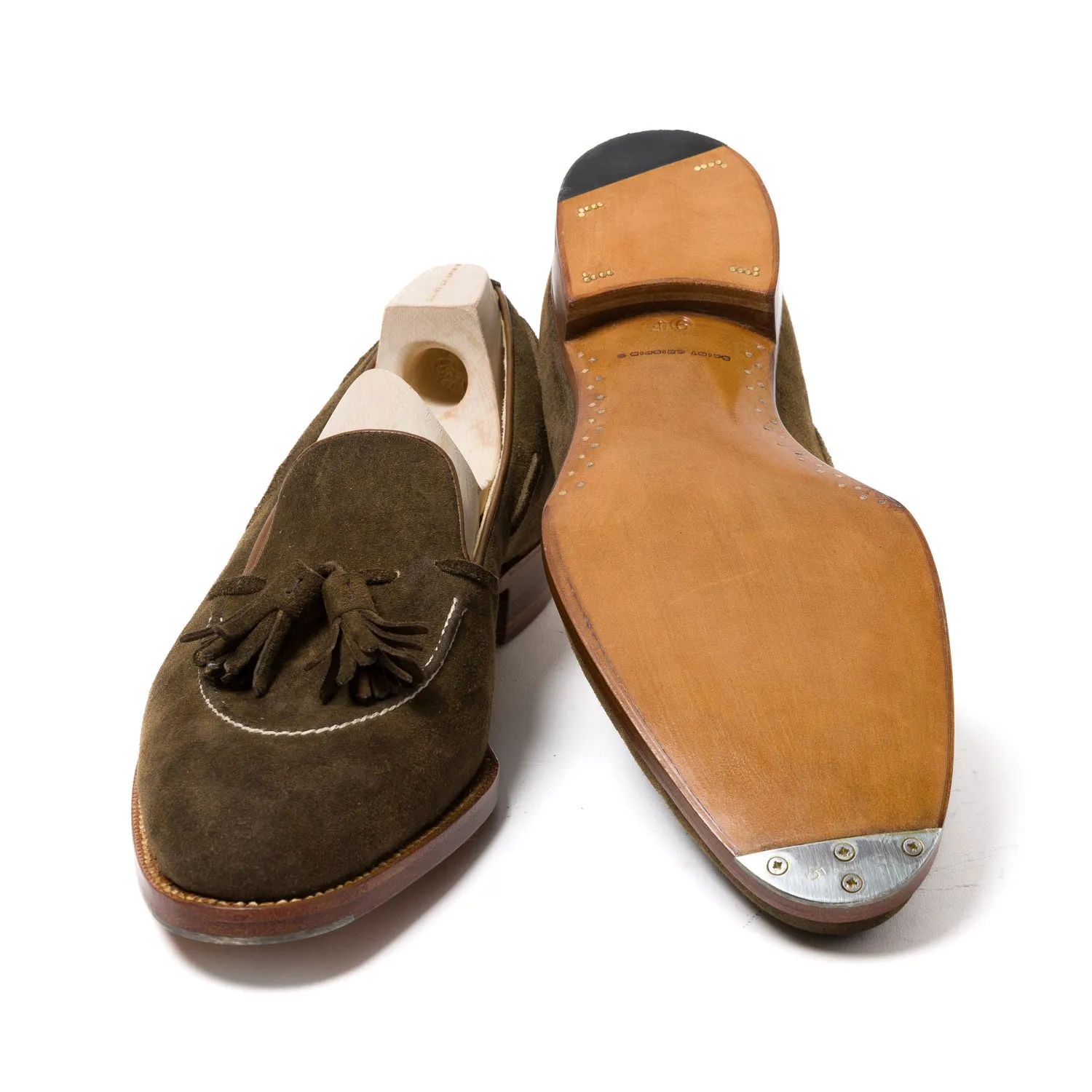 Tassel-Loafer "Short-Vamp" aus olivbraunem Hirschleder "Vintage Deer Suede" - reine Handarbeit