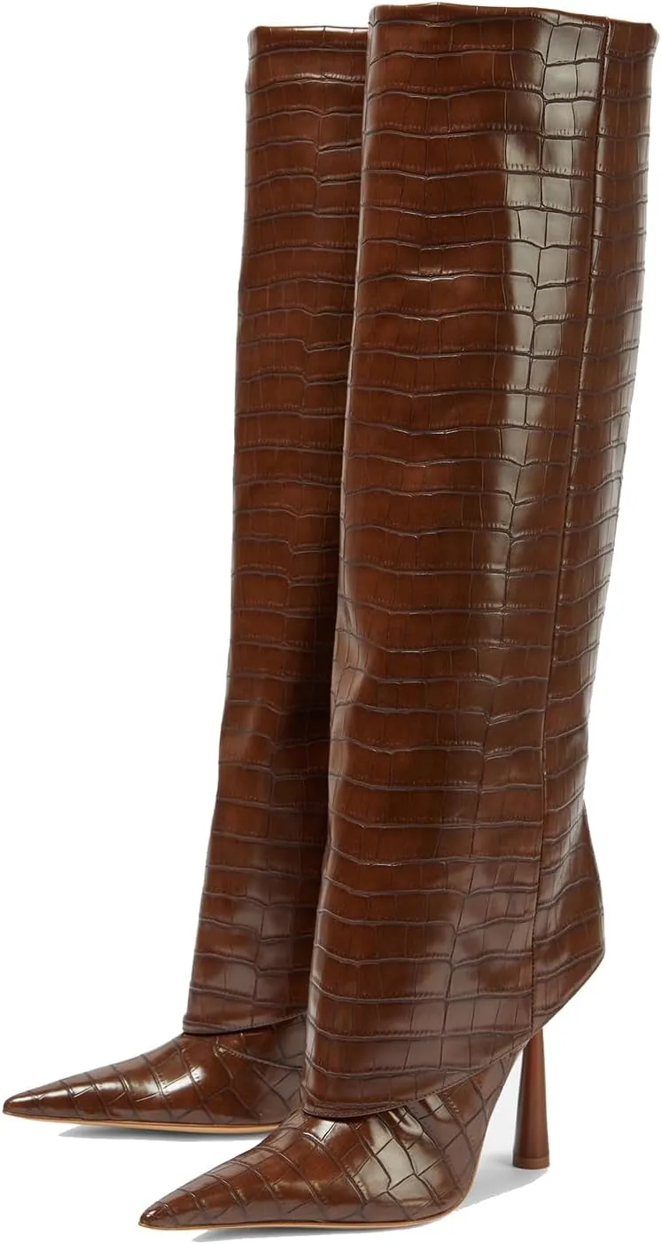 THESHY Women's Pointed Toe Leather Knee High Boots Stiletto High Heel Fold Over Boot Pull-on Shoes