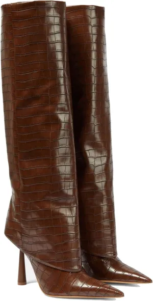 THESHY Women's Pointed Toe Leather Knee High Boots Stiletto High Heel Fold Over Boot Pull-on Shoes