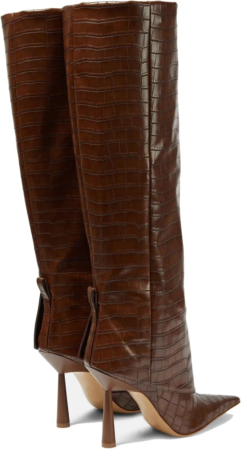 THESHY Women's Pointed Toe Leather Knee High Boots Stiletto High Heel Fold Over Boot Pull-on Shoes