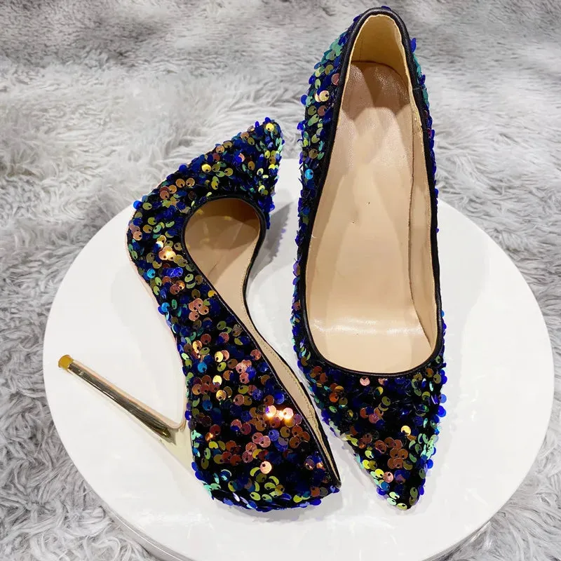 Thin heel 12cm Fashion sexy Gold bead high heels Blue Sequin women's shoes