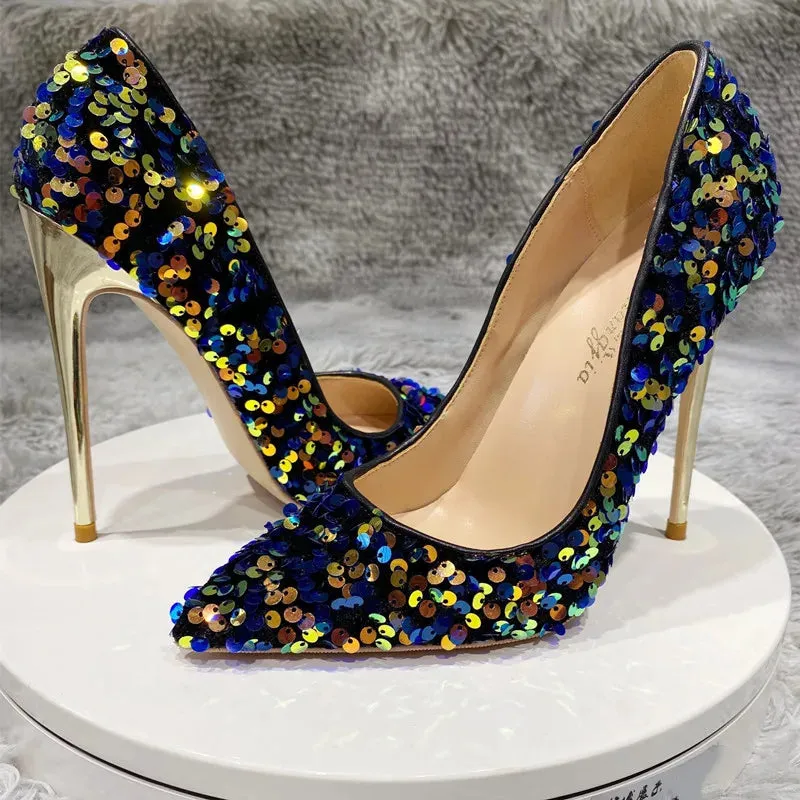 Thin heel 12cm Fashion sexy Gold bead high heels Blue Sequin women's shoes