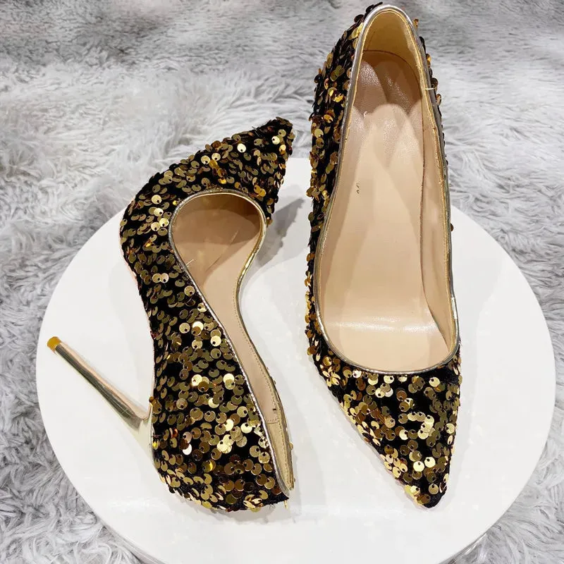 Thin heel 12cm Fashion sexy Gold bead high heels Blue Sequin women's shoes