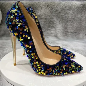Thin heel 12cm Fashion sexy Gold bead high heels Blue Sequin women's shoes