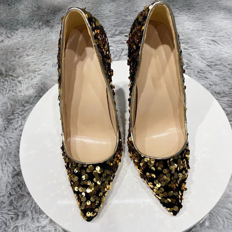 Thin heel 12cm Fashion sexy Gold bead high heels Blue Sequin women's shoes