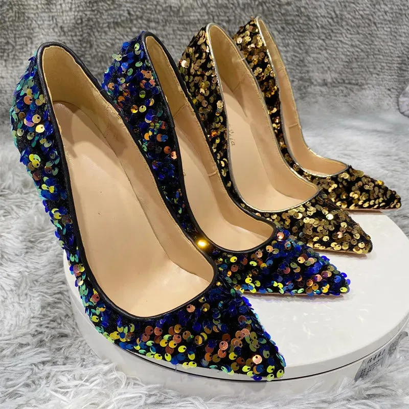 Thin heel 12cm Fashion sexy Gold bead high heels Blue Sequin women's shoes
