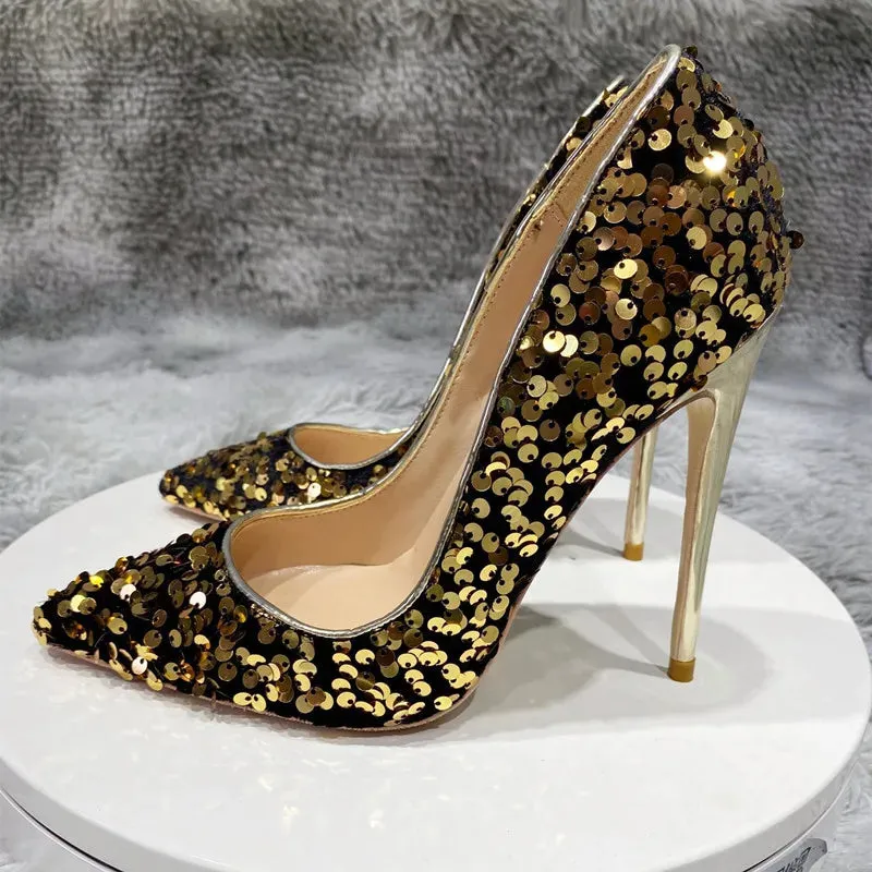 Thin heel 12cm Fashion sexy Gold bead high heels Blue Sequin women's shoes