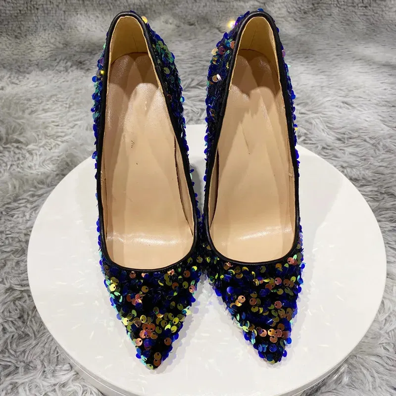 Thin heel 12cm Fashion sexy Gold bead high heels Blue Sequin women's shoes