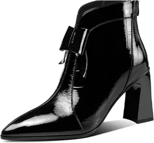 TinaCus Patent Leather Women's Handmade Pointed Toe High Heel Glossy Bowknot Ankle Booties with Back Zip