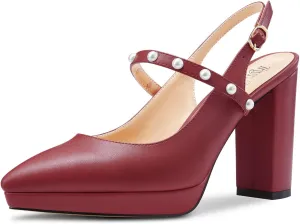TNYNFBEB Womens Chunky Block High Heel Close Pointed Toe Pumps Ankle Strap Buckle Pearls Party Cute 3.9 Inches Heels