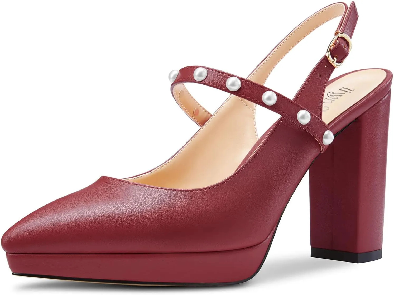 TNYNFBEB Womens Chunky Block High Heel Close Pointed Toe Pumps Ankle Strap Buckle Pearls Party Cute 3.9 Inches Heels