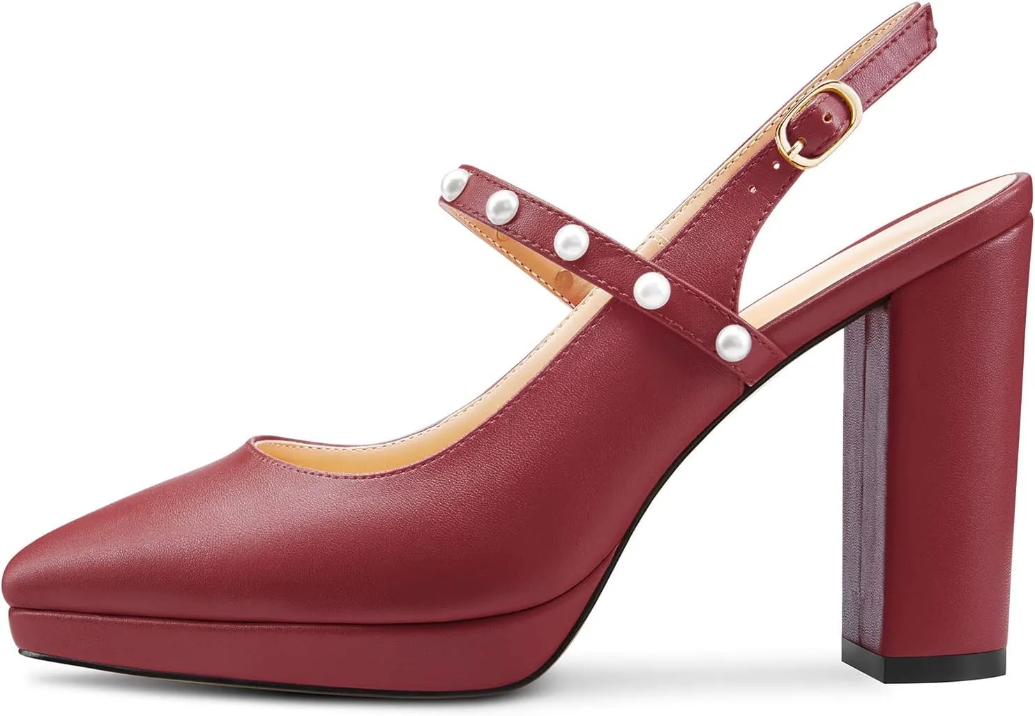 TNYNFBEB Womens Chunky Block High Heel Close Pointed Toe Pumps Ankle Strap Buckle Pearls Party Cute 3.9 Inches Heels