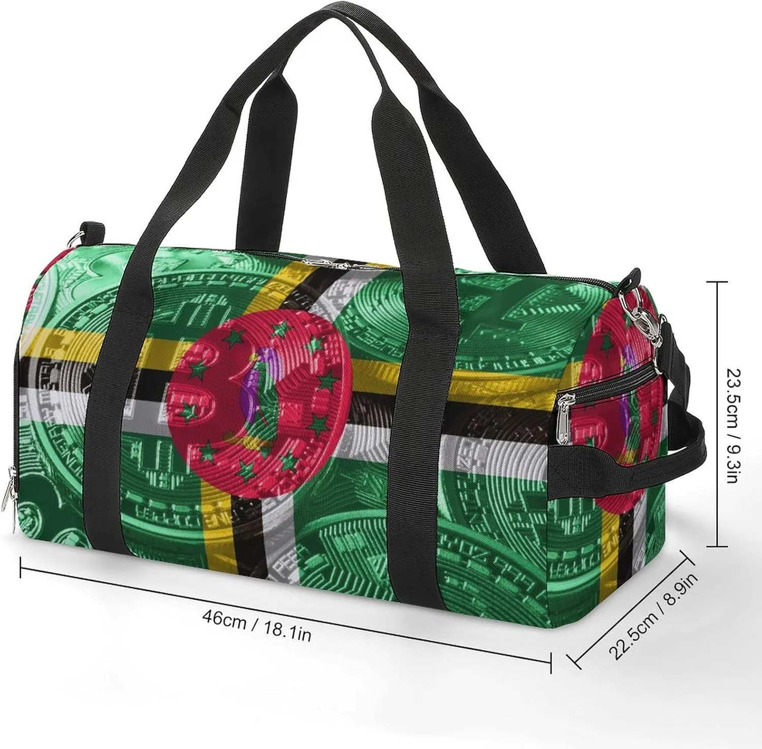 Travel Duffel with Dominica Flag Bitcoin Shoe Compartment for Gym Beach and Sports