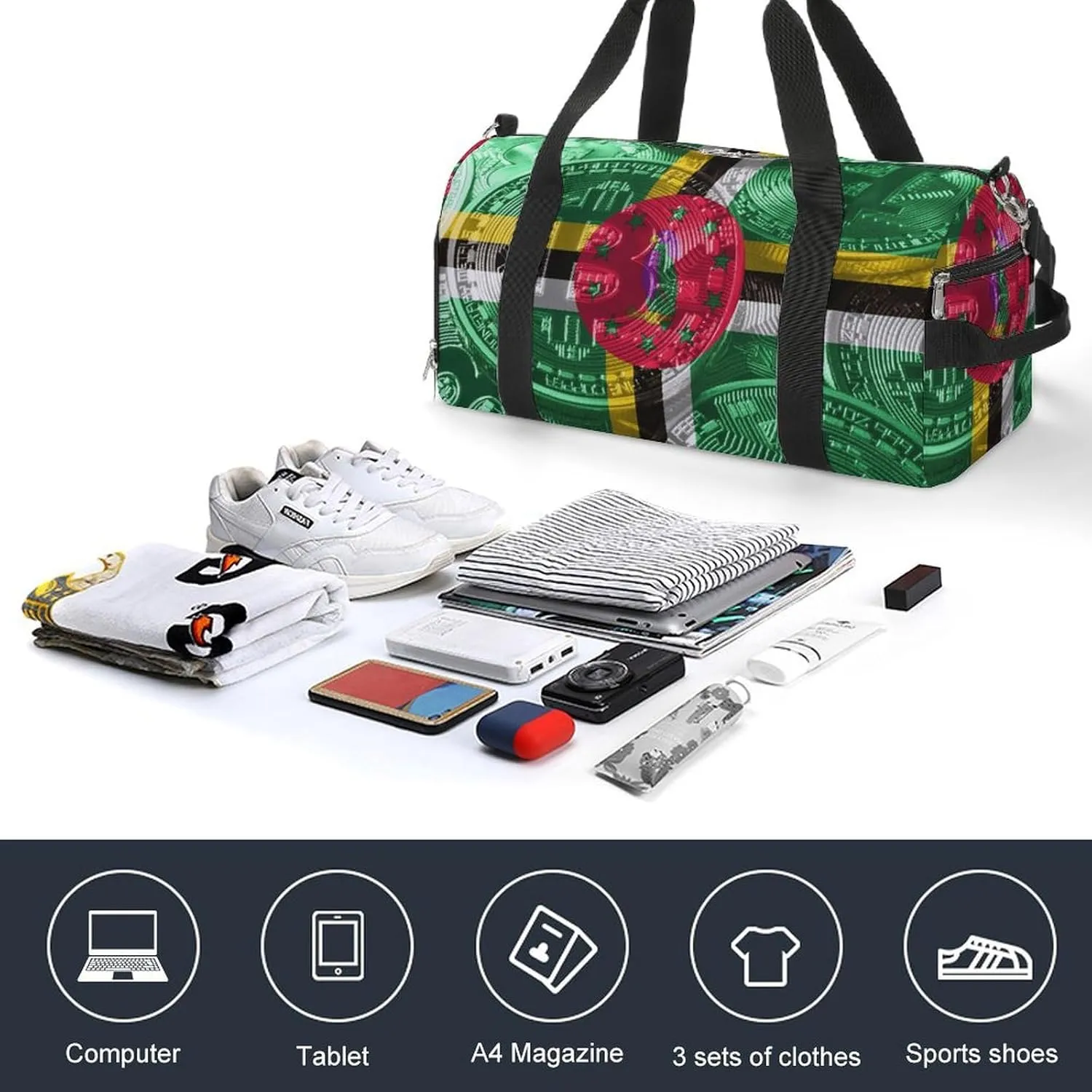 Travel Duffel with Dominica Flag Bitcoin Shoe Compartment for Gym Beach and Sports