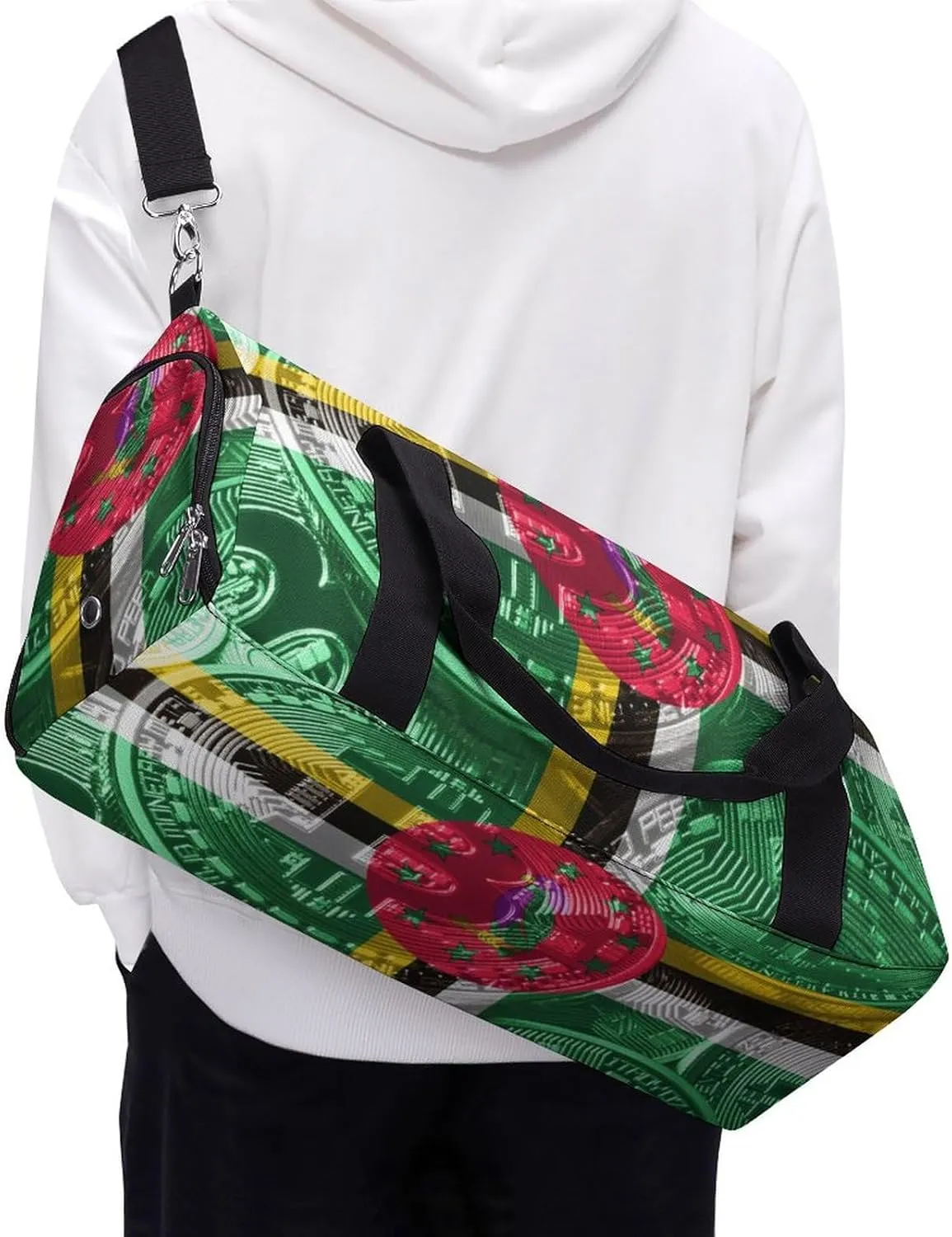 Travel Duffel with Dominica Flag Bitcoin Shoe Compartment for Gym Beach and Sports
