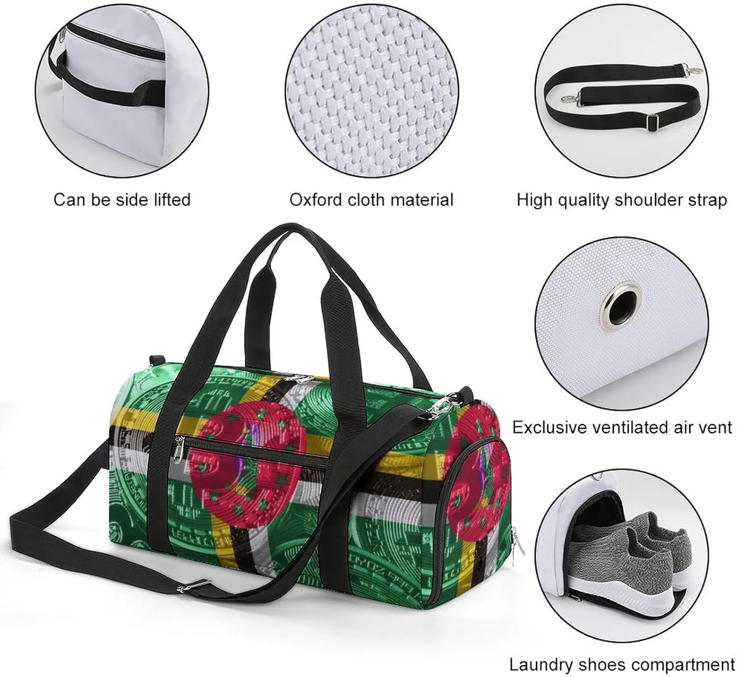 Travel Duffel with Dominica Flag Bitcoin Shoe Compartment for Gym Beach and Sports