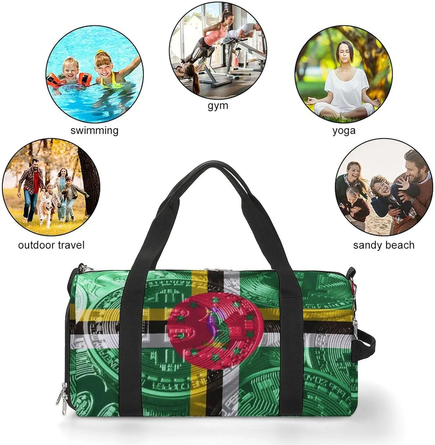 Travel Duffel with Dominica Flag Bitcoin Shoe Compartment for Gym Beach and Sports