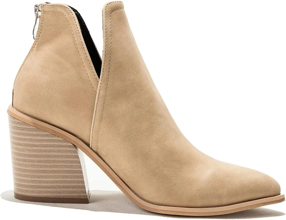 Trendenzy Womens Pointed Toe Western Booties Chunky Heel Ankle Cutout Cowgirl Boots
