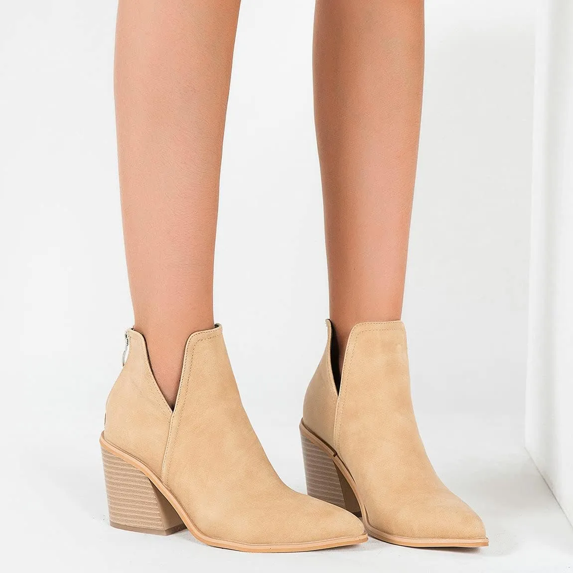 Trendenzy Womens Pointed Toe Western Booties Chunky Heel Ankle Cutout Cowgirl Boots