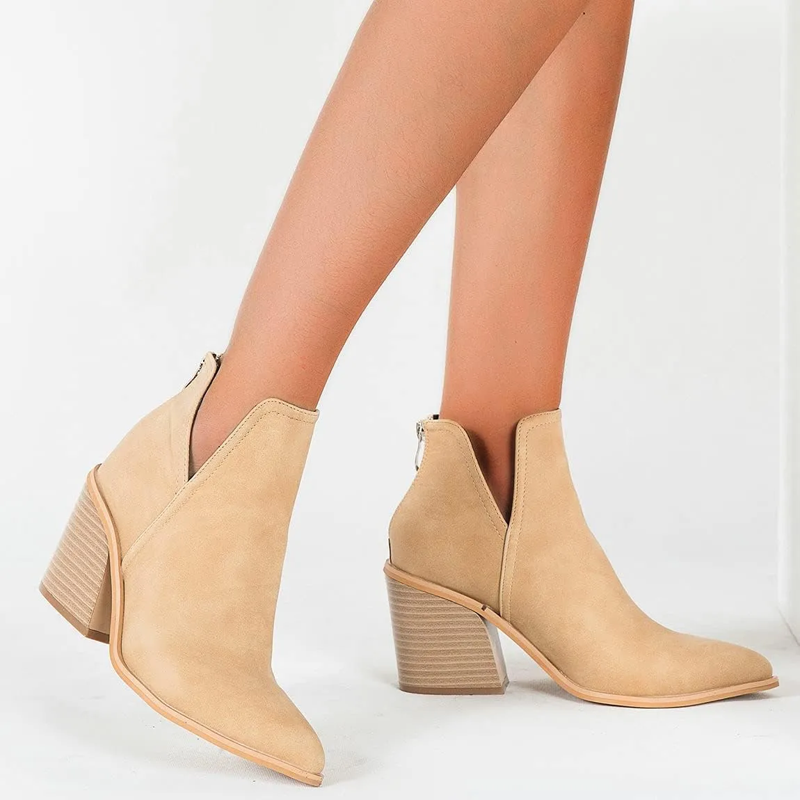 Trendenzy Womens Pointed Toe Western Booties Chunky Heel Ankle Cutout Cowgirl Boots