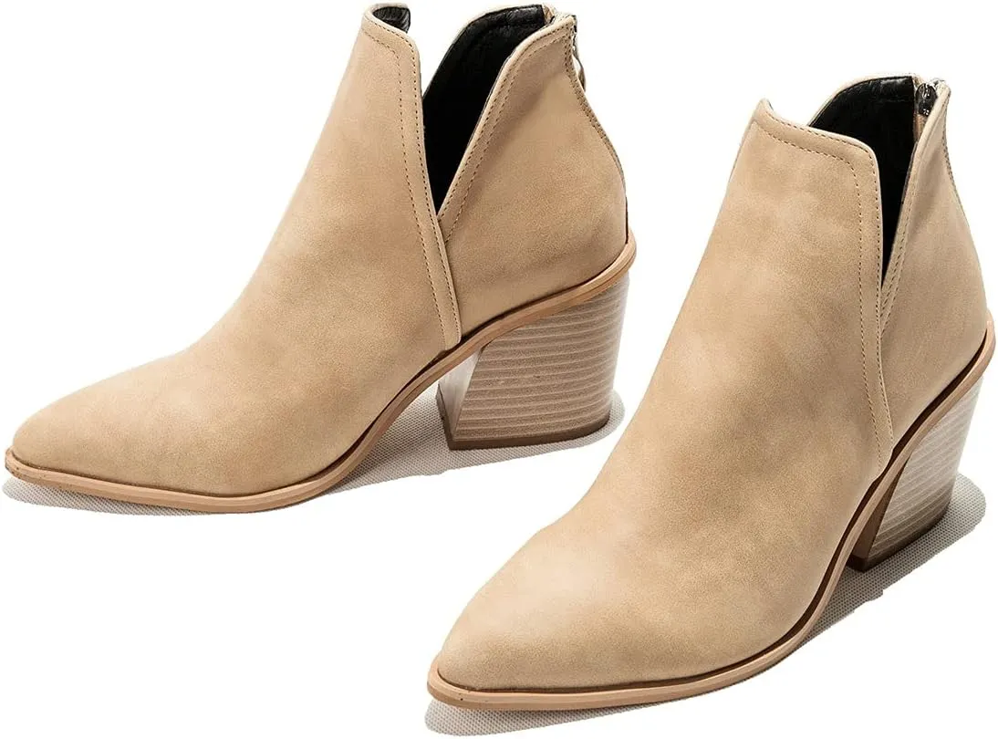 Trendenzy Womens Pointed Toe Western Booties Chunky Heel Ankle Cutout Cowgirl Boots