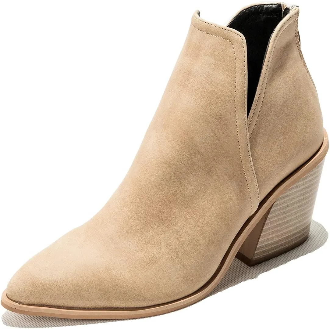 Trendenzy Womens Pointed Toe Western Booties Chunky Heel Ankle Cutout Cowgirl Boots